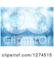 Clipart Of A Background Of Silhouetted Alert Deer In The Snow Against Trees Royalty Free Vector Illustration by KJ Pargeter