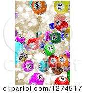 3d Colorful Bingo Balls Falling Over Gold Snowflakes And Bokeh