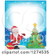 Poster, Art Print Of Santa Claus Holding A Sack And Waving By A Christmas Tree In The Snow
