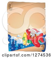 Poster, Art Print Of Christmas Santa Claus Flying A Plane And Waving Over A Parchment Scroll