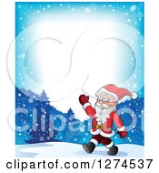 Poster, Art Print Of Christmas Santa Claus Walking And Waving Over A Winter Landscape With Text Space