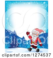 Clipart Of A Christmas Santa Claus Walking And Waving Over A Winter Landscape With Text Space Royalty Free Vector Illustration