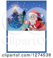Poster, Art Print Of Santa Claus Sitting And Leaning On A Sack By A Christmas Tree Over Text