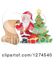 Poster, Art Print Of Santa Claus Holding A Sack And Scroll List By A Christmas Tree