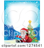 Clipart Of Santa Claus Sitting Against A Sack And Presenting By A Christmas Tree In The Snow With Text Space Royalty Free Vector Illustration