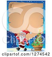 Clipart Of Santa Claus Waving And Pulling A Christmas Tree In A Sleigh Over A Parchment Scroll Royalty Free Vector Illustration