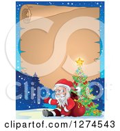 Clipart Of Santa Claus Sitting Against A Sack And Presenting By A Christmas Tree In The Snow With A Blank Scroll Royalty Free Vector Illustration by visekart