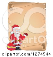 Poster, Art Print Of Christmas Santa Claus Holding A Sack And Waving Over A Parchment Scroll