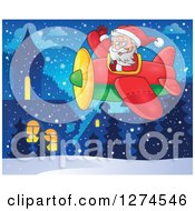 Poster, Art Print Of Christmas Santa Claus Flying A Plane And Waving In A Snowy Village
