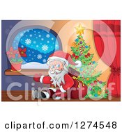 Poster, Art Print Of Santa Claus Sitting Against A Sack And Presenting By A Christmas Tree Indoors