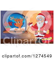 Poster, Art Print Of Christmas Santa Claus Holding A Sack And Waving By A Window With A Reindeer