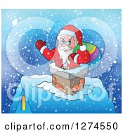 Poster, Art Print Of Christmas Santa Claus Holding A Sack And Waving In A Chimney