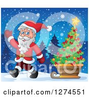 Poster, Art Print Of Santa Claus Waving And Pulling A Christmas Tree In A Sleigh On A Winter Night