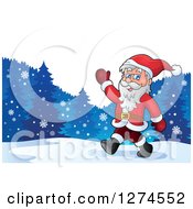 Poster, Art Print Of Christmas Santa Claus Walking And Waving In The Snow