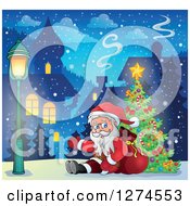 Poster, Art Print Of Santa Claus Sitting Against A Sack And Presenting By A Christmas Tree In A Village