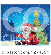 Poster, Art Print Of Santa Claus Sitting Against A Sack And Presenting By A Christmas Tree On A Snowy Night