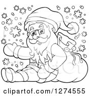 Clipart Of A Black And White Christmas Santa Claus Sitting And Presenting In The Snow Royalty Free Vector Illustration