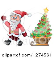 Poster, Art Print Of Santa Claus Waving And Pulling A Christmas Tree In A Sleigh
