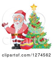 Poster, Art Print Of Santa Claus Holding A Sack And Waving By A Christmas Tree
