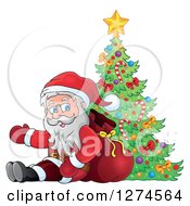 Poster, Art Print Of Santa Claus Sitting Against A Sack And Presenting By A Christmas Tree