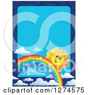 Poster, Art Print Of Happy Sun Peeking Behind A Sparkly Rainbow In A Blue Sky Border