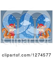 Poster, Art Print Of Two Christmas Squirrels Wearing Santa Hats And Holding Gifts By Castle Windows