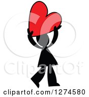 Clipart Of A Black Silhouetted Man Holding Up A Red Heart Royalty Free Vector Illustration