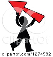 Clipart Of A Black Silhouetted Man Holding Up A Red Arrow Pointing Left Royalty Free Vector Illustration
