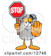 Garbage Can Mascot Cartoon Character Holding A Stop Sign