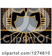 Clipart Of A Gold And Black Retro Art Deco Background With Brushed Silver Metal Shield Text Space Royalty Free Illustration by Prawny