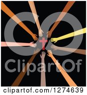 Clipart Of A Circle Of Diverse Hands Reaching Out To The Savior Cross On Black Royalty Free Illustration