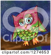 Poster, Art Print Of Painted Owl On A Branch Over A Night Sky