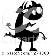 Clipart Of A Black And White Silhouetted Triceratops Dinosaur Waving Royalty Free Vector Illustration