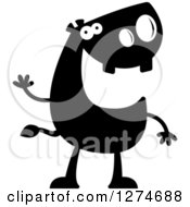 Clipart Of A Black And White Silhouetted Hippo Waving Royalty Free Vector Illustration