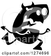 Clipart Of A Black And White Silhouetted Devil Chasing Royalty Free Vector Illustration