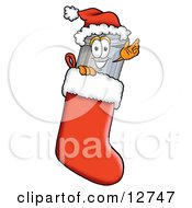 Garbage Can Mascot Cartoon Character Wearing A Santa Hat Inside A Red Christmas Stocking