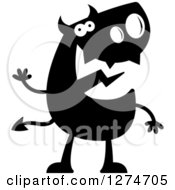Clipart Of A Black And White Silhouetted Devil Waving Royalty Free Vector Illustration