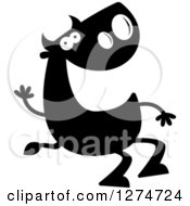 Clipart Of A Black And White Silhouetted Friendly Bull Sitting And Waving Royalty Free Vector Illustration