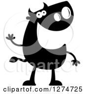 Clipart Of A Black And White Silhouetted Friendly Bull Waving Royalty Free Vector Illustration by Cory Thoman