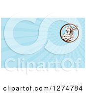 Clipart Of A Retro Female Farmer Holding A Pitchfork And Blue Rays Business Card Design Royalty Free Illustration