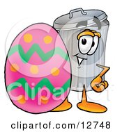 Garbage Can Mascot Cartoon Character Standing Beside An Easter Egg