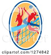 Poster, Art Print Of Silhouetted Female Volleyball Player Blocking An Opponents Spike In A Blue White And Yellow Oval
