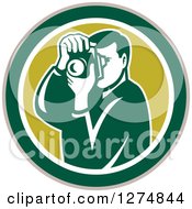 Clipart Of A Retro Male Photographer Taking Pictures In A Taupe Green And White Circle Royalty Free Vector Illustration