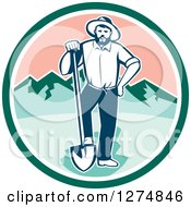 Clipart Of A Retro Male Miner Prospector Resting A Foot On A Shovel In A Green White And Pink Circle Royalty Free Vector Illustration by patrimonio