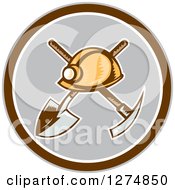 Retro Woodcut Miner Hat Over A Crossed Shovel And Pickaxe In A Brown White And Gray Circle