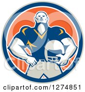 Poster, Art Print Of Retro Male American Football Player Holding His Helmet In A Taupe Blue White And Orange Circle