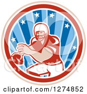 Poster, Art Print Of Retro Male American Football Player Throwing In A Tan White Red And Blue Star Circle