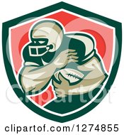 Poster, Art Print Of Retro Male American Football Player Fending In A Green White And Red Shield