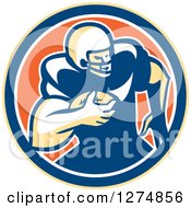 Clipart Of A Retro Male American Football Player Rushing In A Yellow Blue White And Orange Circle Royalty Free Vector Illustration