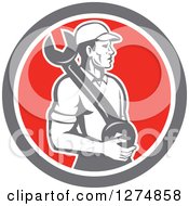 Poster, Art Print Of Retro Mechanic Man Holding A Giant Spanner Wrench In A Taupe White And Red Circle